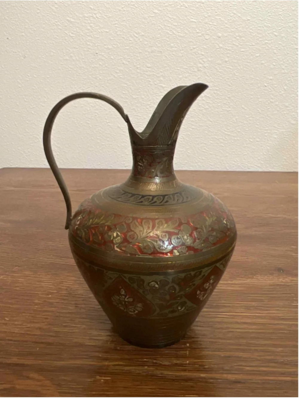 Vintage SEW India Brass Ewer 6” Hand Etched Red Enamel Pitcher Vase #119C
